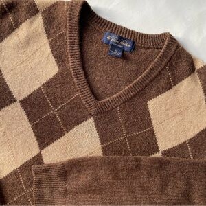 Brooks Brothers Camel Hair Argyle V Neck Pullover Sweater Size XL Brown